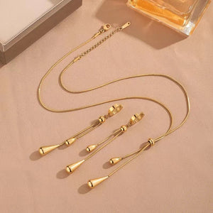 Adjustable Lariat Necklace and Earring Set with Droplet Design – Elegant Stainless Steel Jewelry for Women