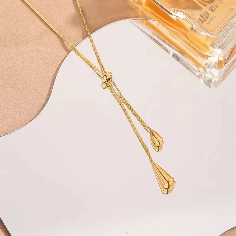 Adjustable Lariat Necklace and Earring Set with Droplet Design – Elegant Stainless Steel Jewelry for Women