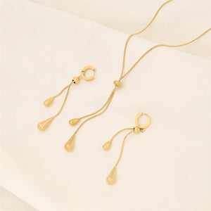 Adjustable Lariat Necklace and Earring Set with Droplet Design – Elegant Stainless Steel Jewelry for Women