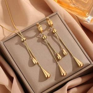 Adjustable Lariat Necklace and Earring Set with Droplet Design – Elegant Stainless Steel Jewelry for Women