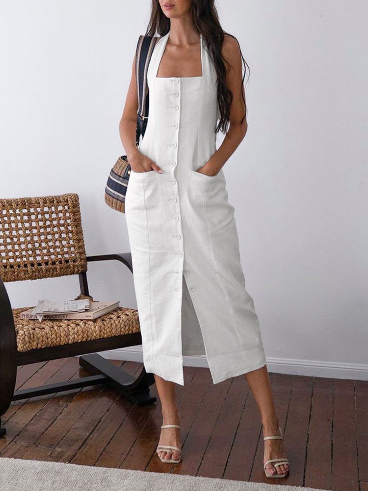 Women's Maxi Dress Blue Rayon Blend Halter Neck