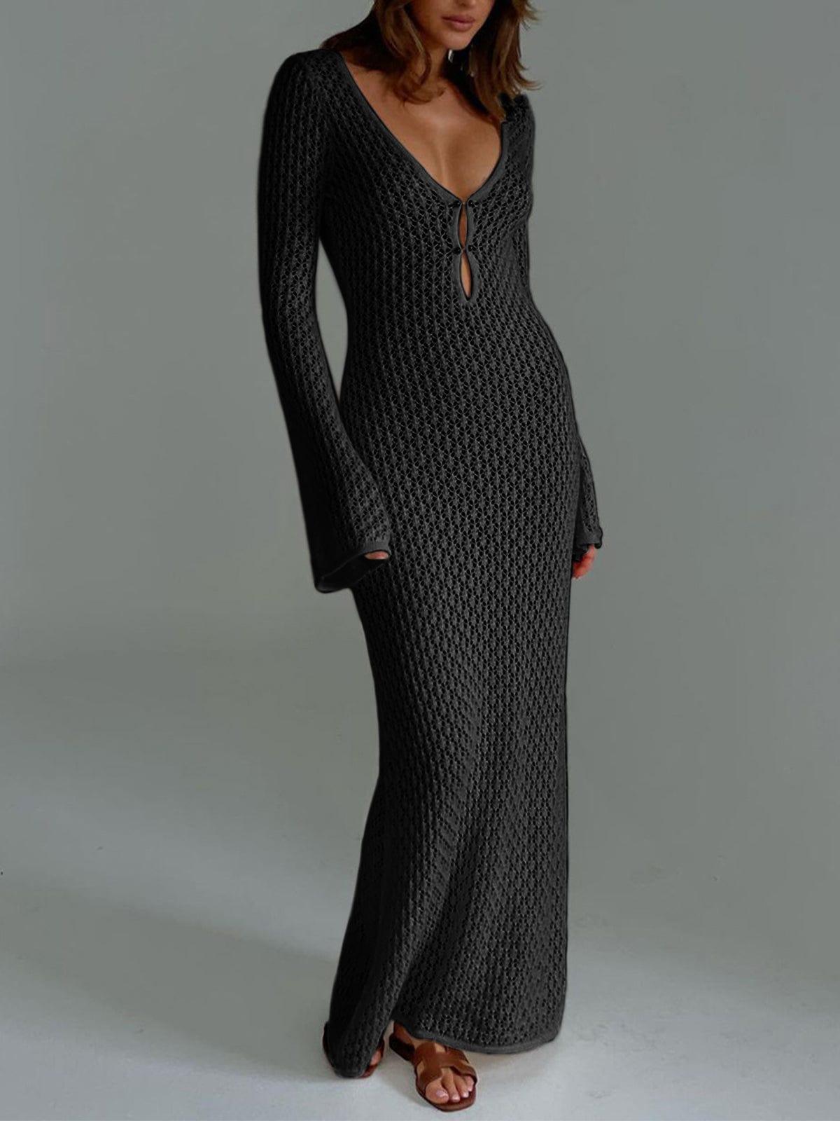Women’s Lightweight Crochet Open Stitch Long Sleeve Deep V-Neck Knit Maxi Dress