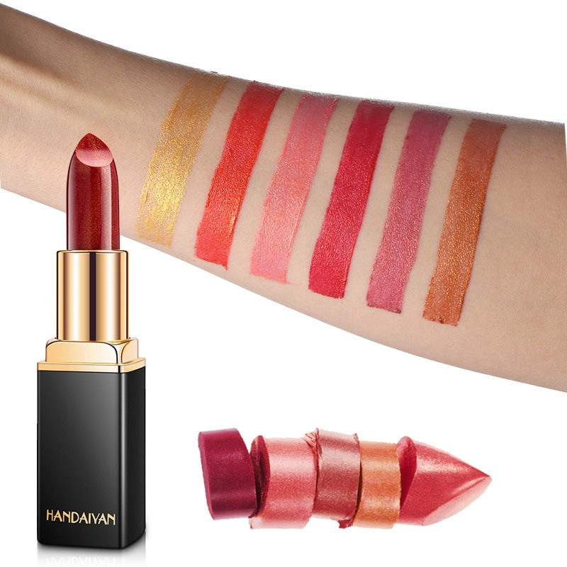 HANDAIYAN Shiny Metallic Lipstick Pearlescent Color Change Warm Lipstick Gold lipstick