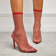 Load image into Gallery viewer, Crystal Rhinestone Mesh Stretch Fabric Sexy High Heels Sock Over-the-Knee Boots PVC Transparent Pointed Toe Shoes
