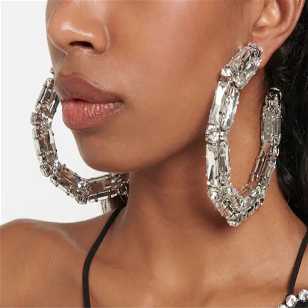 Luxury Crystal Large Geometric Round Hoop Earrings Dinner Jewelry for Women Rhinestone Pendant Ring Circle Earrings Accessories