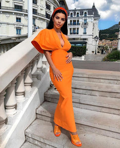 Women Luxury Sexy Short Sleeve V Neck Orange Maxi Long Bandage Dress 2023 Designer Fashion Evening Party Dress Club Vestido