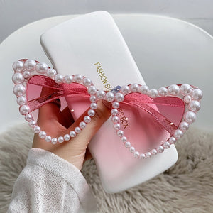 Fashion Retro Heart-Shaped Imitation Pearl Frame Sunglasses UV400 Women Cat Eye Pink Eyewear Trendy Beach Party  Sun Glasses