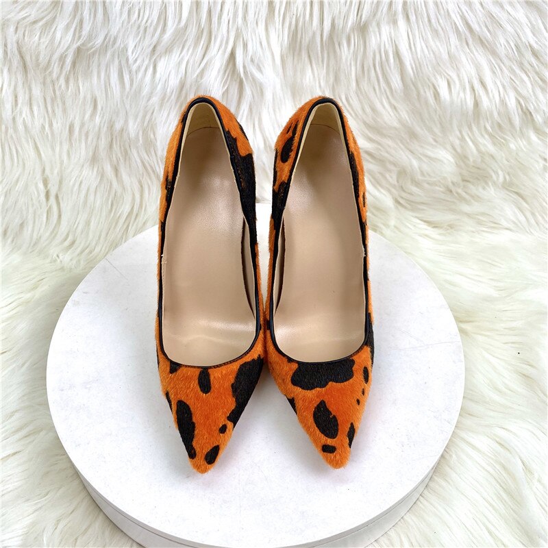 Tikicup Orange Cow Print Hairy Flock Women Pointy Toe High Heel Shoes 8cm 10cm 12cm Slip On Sexy Stiletto Pumps for Party Dress