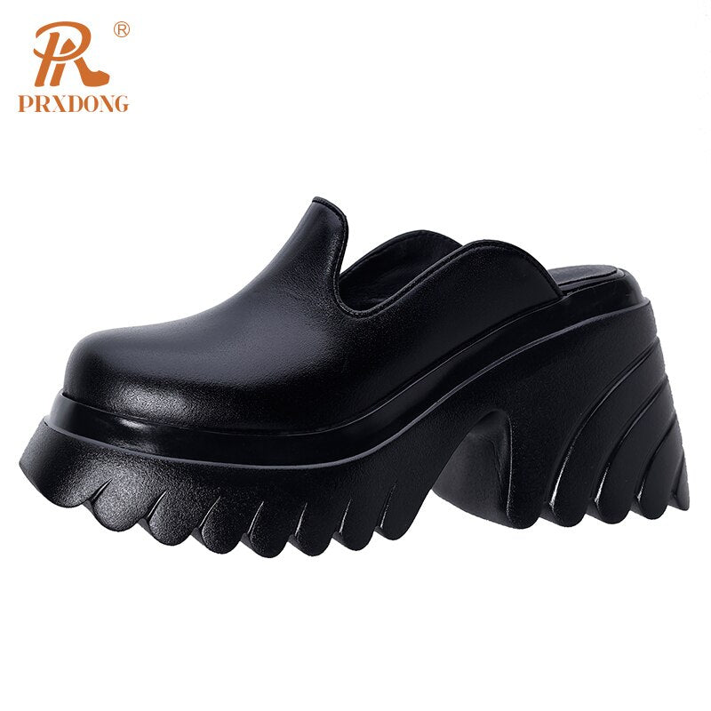 Summer Genuine Leather Chunky High Heels Thick Platform Black Beige Open Toe Dress Party Casual Female Slippers 39