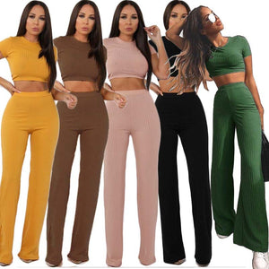 New Fashion Casual Suit Women's High Elastic Cotton Pit Strip Wide Leg Pants Two-Piece Set