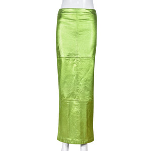 Sexy Sparkly Slit Long Skirts Women High Waist Metallic Green Slim Maxi Skirt Summer Harajuku Elegant Fairy Grunge Clothes