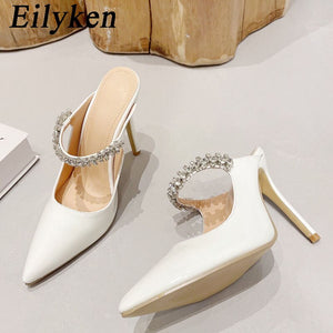 Fashion Design Crystal Pumps Women Sexy Pointed Toe High Heels Sandals Wedding Bride Prom Mules Slippers Shoes