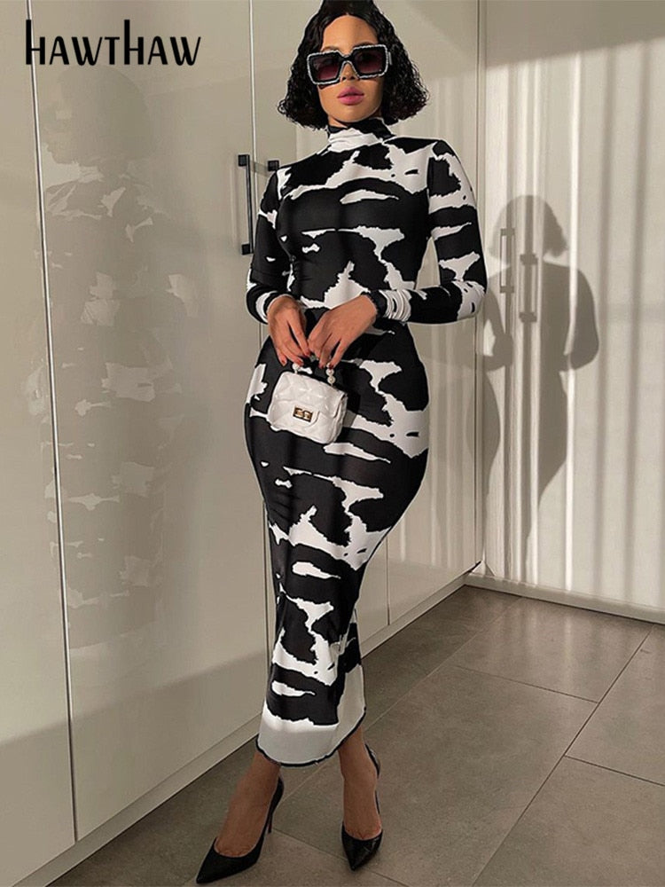 Women Fashion Autumn Long Sleeve Printed Bodycon Pencil Long Dress Streetwear  Fall Clothes Wholesale Items