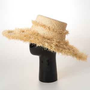 Grass woven tassel decoration, hand woven large eave flat top Lafite straw hat, sun protection, sun shading, beach fur brim straw hat