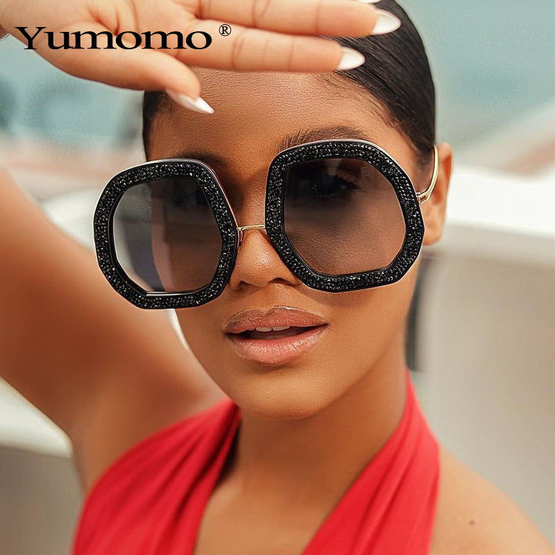 New Large Frame Sunglasses Trendy Fashion Luxury Rhinestone Polygonal Glasses