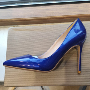 Tikicup Dark Blue Women Patent Pointed Toe Stiletto High Heels Elegant Ladies Slip On Wedding Pumps Shoes Plus Size 34-45