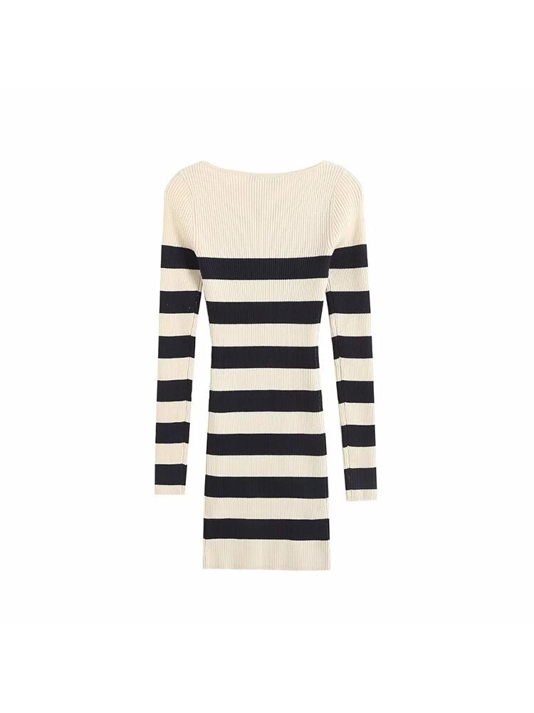 TRAF Women Knitted Dress Fashion Striped Slim Fitting Mini Dress Vintage O-Neck Long Sleeves Female elegant chic women dresses