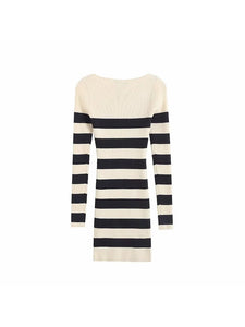 TRAF Women Knitted Dress Fashion Striped Slim Fitting Mini Dress Vintage O-Neck Long Sleeves Female elegant chic women dresses