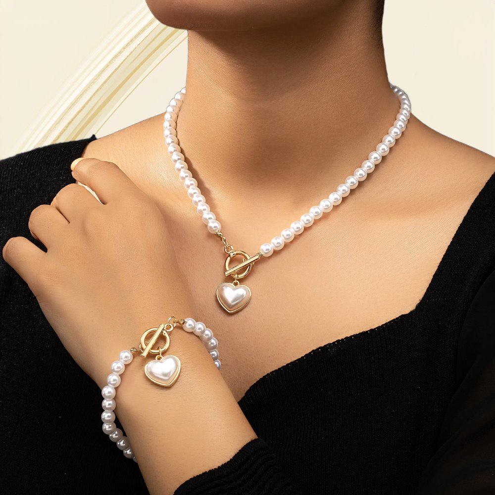 Beaded Heart Pendant Jewelry Set - Elegant Bracelet and Necklace with Imitation Pearls for Women