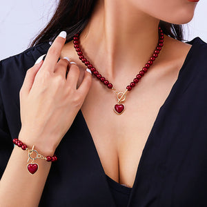 Beaded Heart Pendant Jewelry Set - Elegant Bracelet and Necklace with Imitation Pearls for Women
