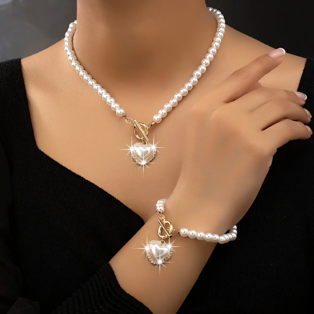 Beaded Heart Pendant Jewelry Set - Elegant Bracelet and Necklace with Imitation Pearls for Women