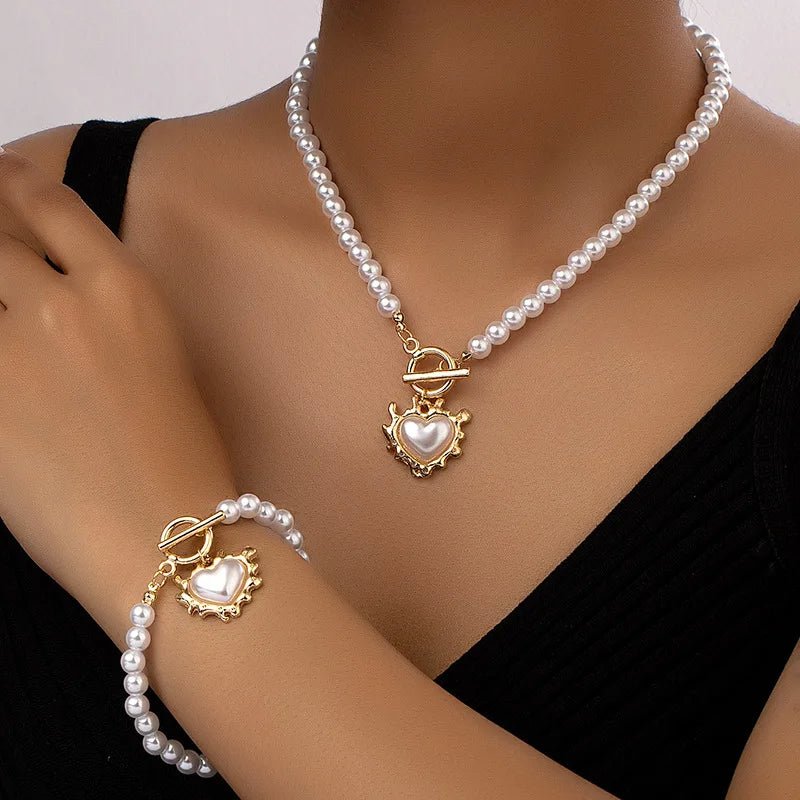 Beaded Heart Pendant Jewelry Set - Elegant Bracelet and Necklace with Imitation Pearls for Women
