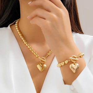 Beaded Heart Pendant Jewelry Set - Elegant Bracelet and Necklace with Imitation Pearls for Women