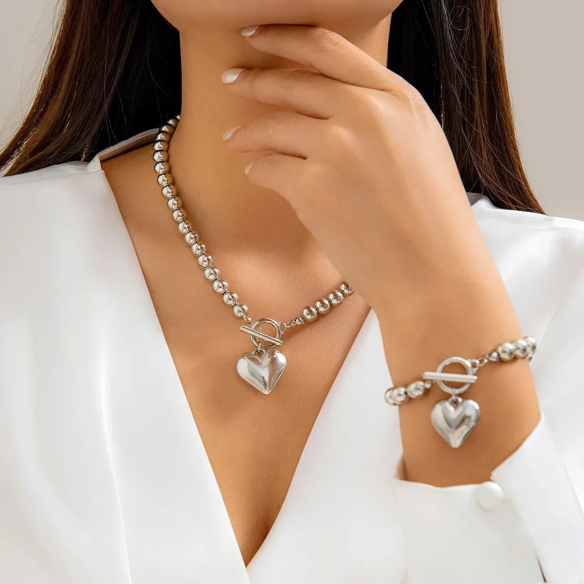 Beaded Heart Pendant Jewelry Set - Elegant Bracelet and Necklace with Imitation Pearls for Women