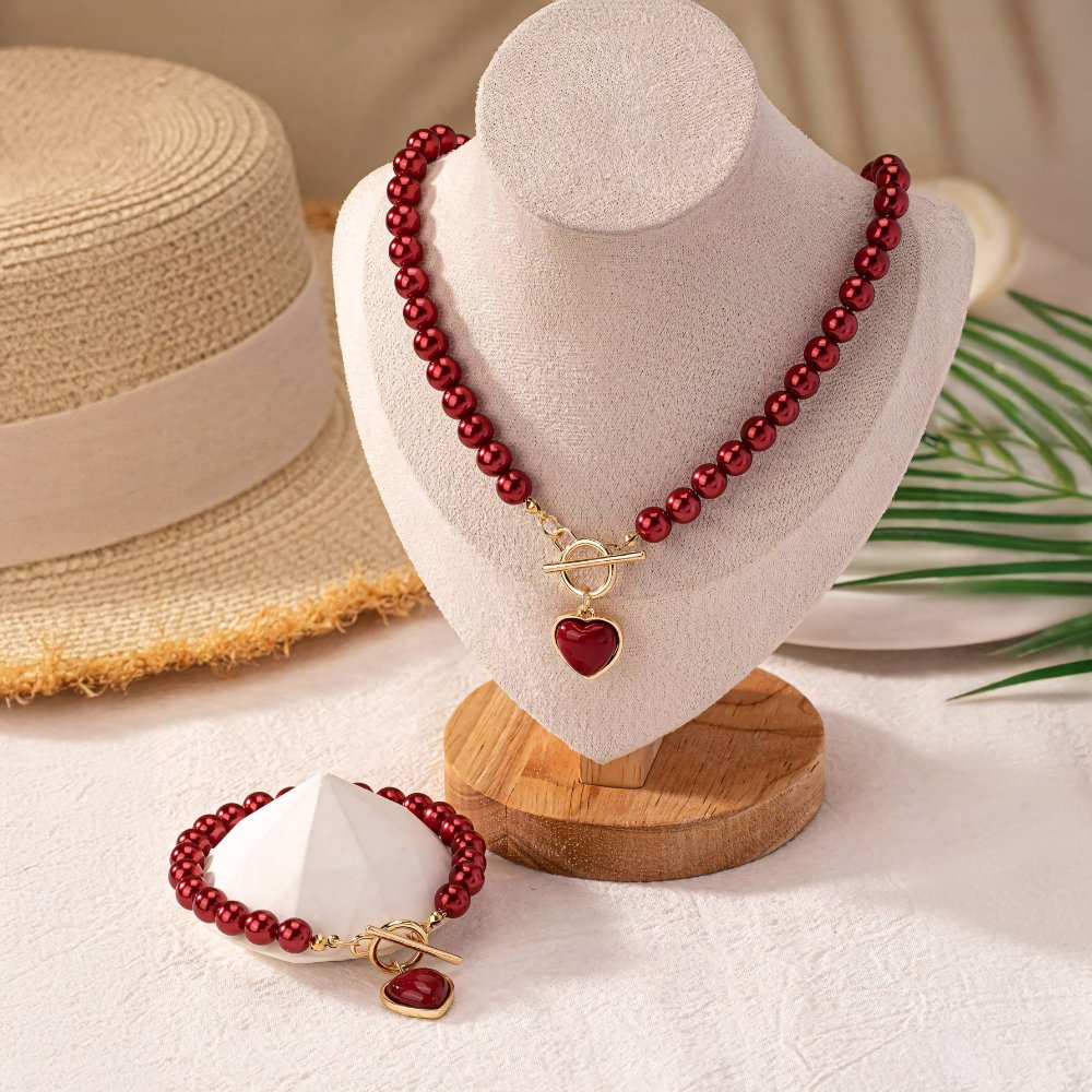 Beaded Heart Pendant Jewelry Set - Elegant Bracelet and Necklace with Imitation Pearls for Women