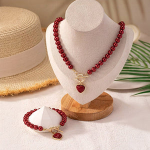 Beaded Heart Pendant Jewelry Set - Elegant Bracelet and Necklace with Imitation Pearls for Women