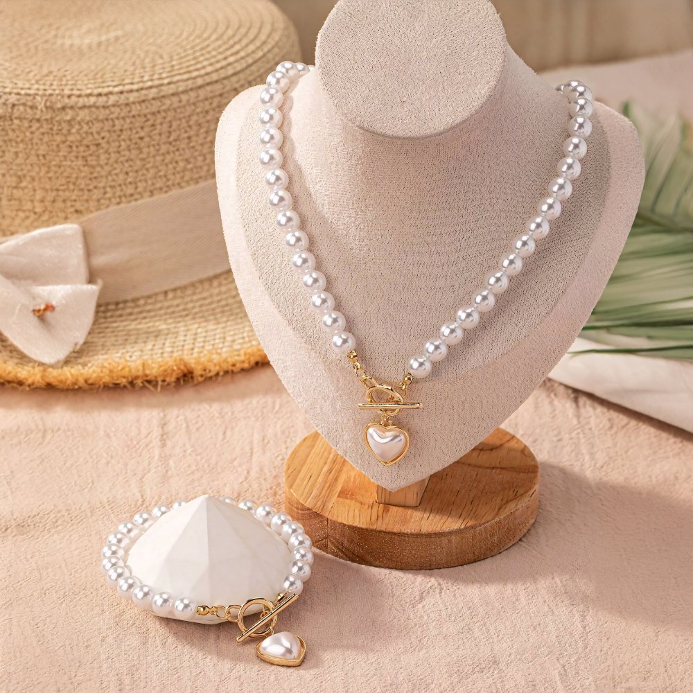 Beaded Heart Pendant Jewelry Set - Elegant Bracelet and Necklace with Imitation Pearls for Women