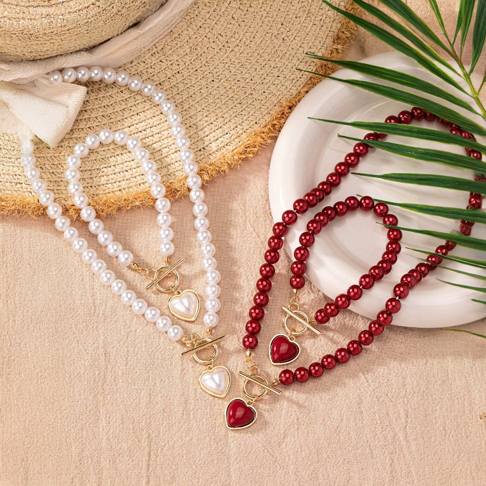 Beaded Heart Pendant Jewelry Set - Elegant Bracelet and Necklace with Imitation Pearls for Women