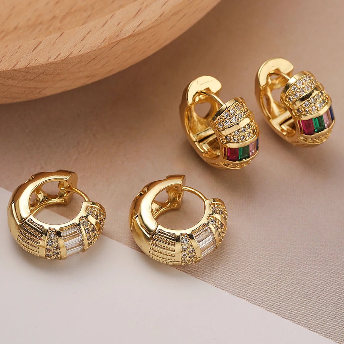 Bold Baguette Diamond Hoop Earrings in Gold or Silver – Chunky Design with Colorful or White Diamonds