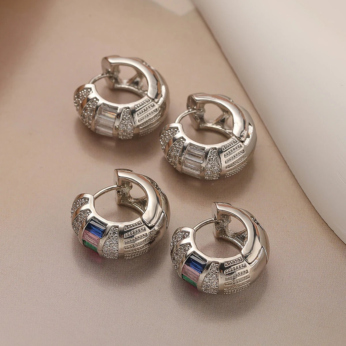 Bold Baguette Diamond Hoop Earrings in Gold or Silver – Chunky Design with Colorful or White Diamonds