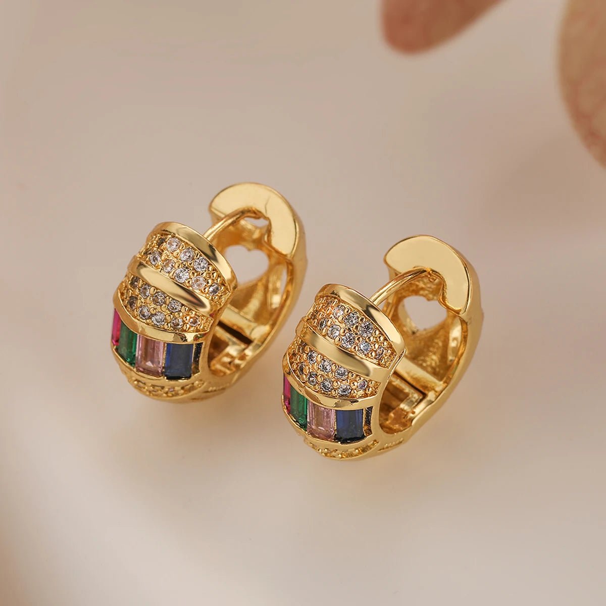 Bold Baguette Diamond Hoop Earrings in Gold or Silver – Chunky Design with Colorful or White Diamonds
