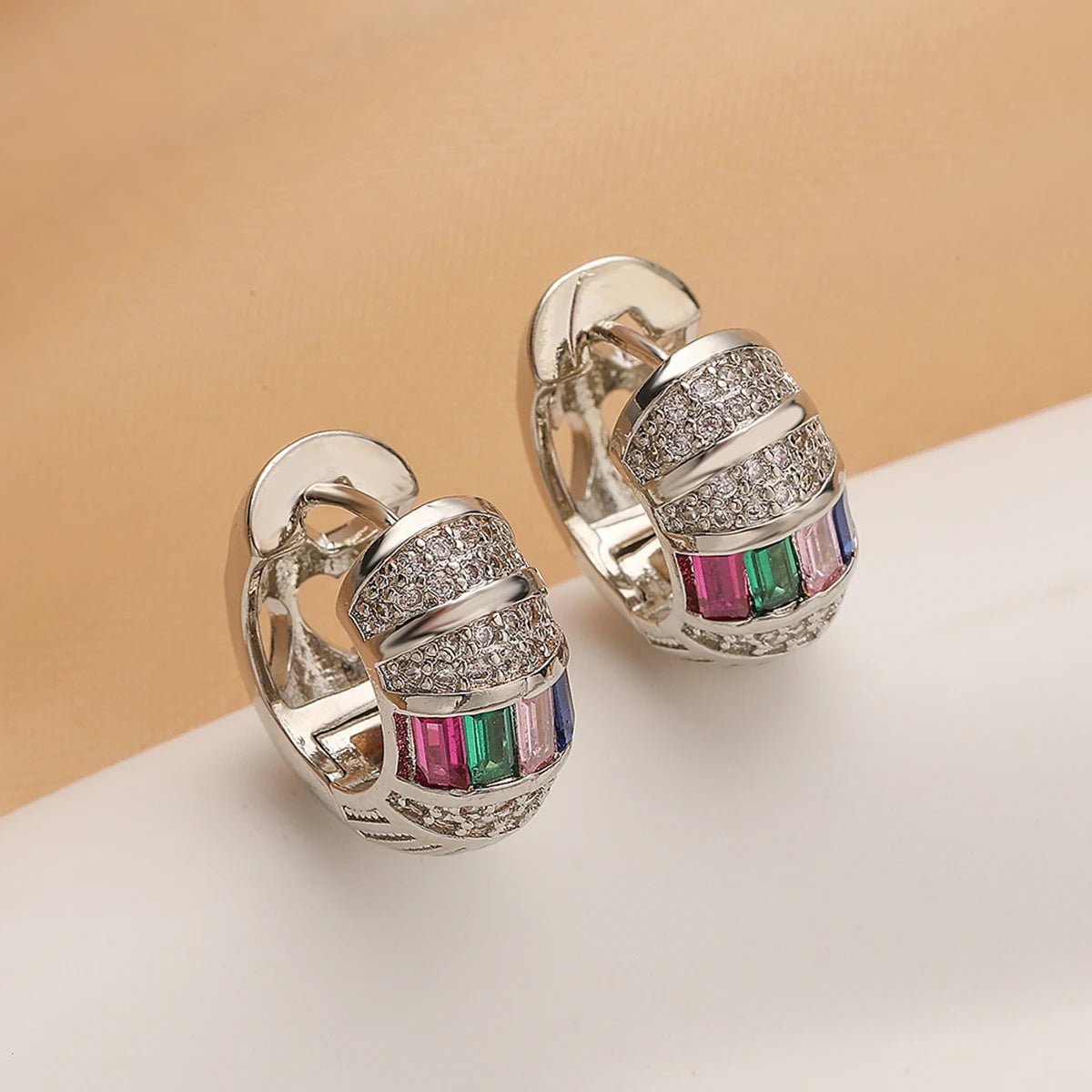 Bold Baguette Diamond Hoop Earrings in Gold or Silver – Chunky Design with Colorful or White Diamonds