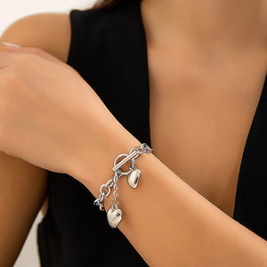 Bold Dual Heart Lariat Necklace and Bracelet Set – Chunky Chain Link Jewelry in Gold and Silver, 316L Stainless Steel