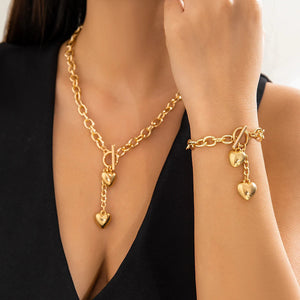 Bold Dual Heart Lariat Necklace and Bracelet Set – Chunky Chain Link Jewelry in Gold and Silver, 316L Stainless Steel