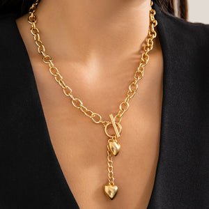 Bold Dual Heart Lariat Necklace and Bracelet Set – Chunky Chain Link Jewelry in Gold and Silver, 316L Stainless Steel