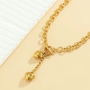 Bold Dual Heart Lariat Necklace and Bracelet Set – Chunky Chain Link Jewelry in Gold and Silver, 316L Stainless Steel