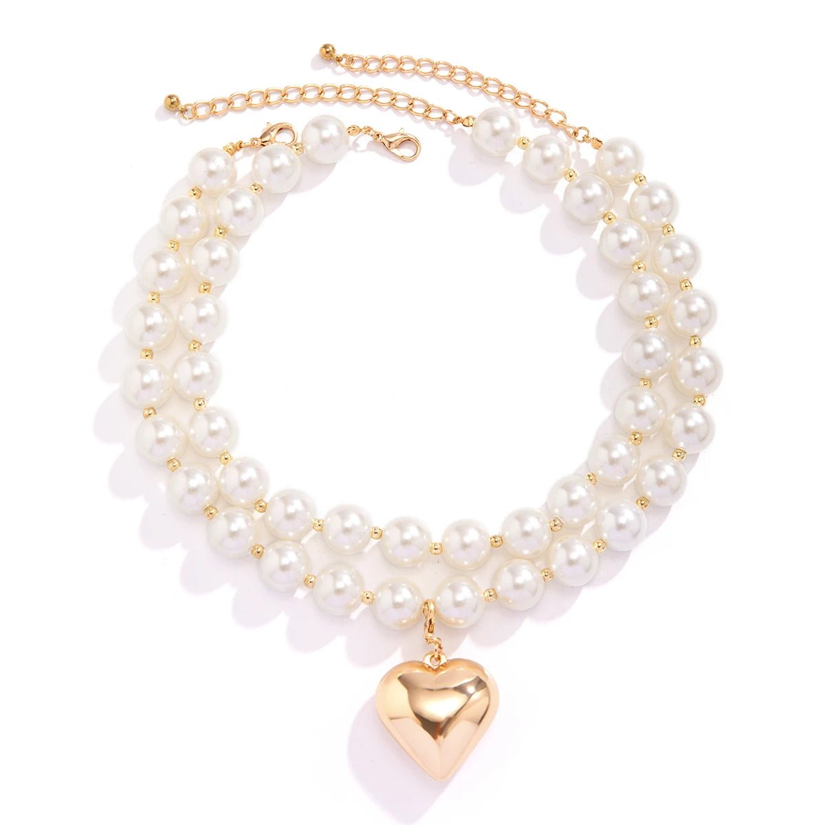 Bold Pearl Necklace with Gold Heart Pendant – Layered Design, Adjustable Length