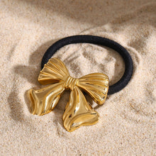 Load image into Gallery viewer, Bow Pony Cuff with Golden Bow – Waterproof and Hypoallergenic Hair Tie
