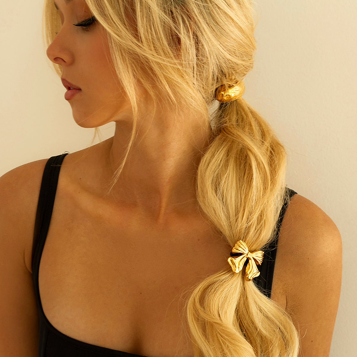 Bow Pony Cuff with Golden Bow – Waterproof and Hypoallergenic Hair Tie