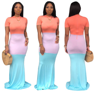 Women Color Block Maxi Dresses 2019 Summer O-neck Short Sleeve Zipper Up Patchwork Bodycon Dress