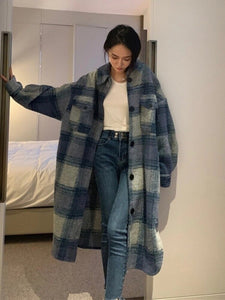 [EWQ]Plaid Single Tops Korean Outerwear Female Overcoat Fashion Spring Winter Women Loose Long Woolen Coats Kaschmir Mantel