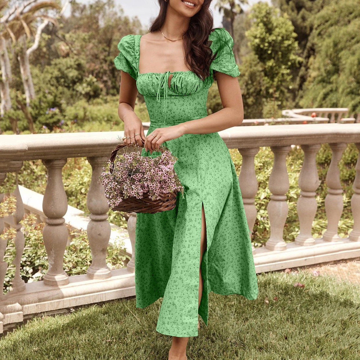 New Women's Summer Fashion Fashion Puff Sleeves Floral Lace High Slit Long Skirt Women's Dress Summer