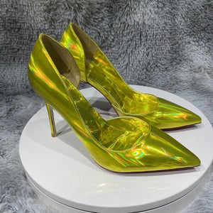 Tikicup Laser All Gold Women Sparkle Shiny Pointy Toe High Heel Shoes for Party Sexy D'Orsay Side Cut Stiletto Pumps Plus Size