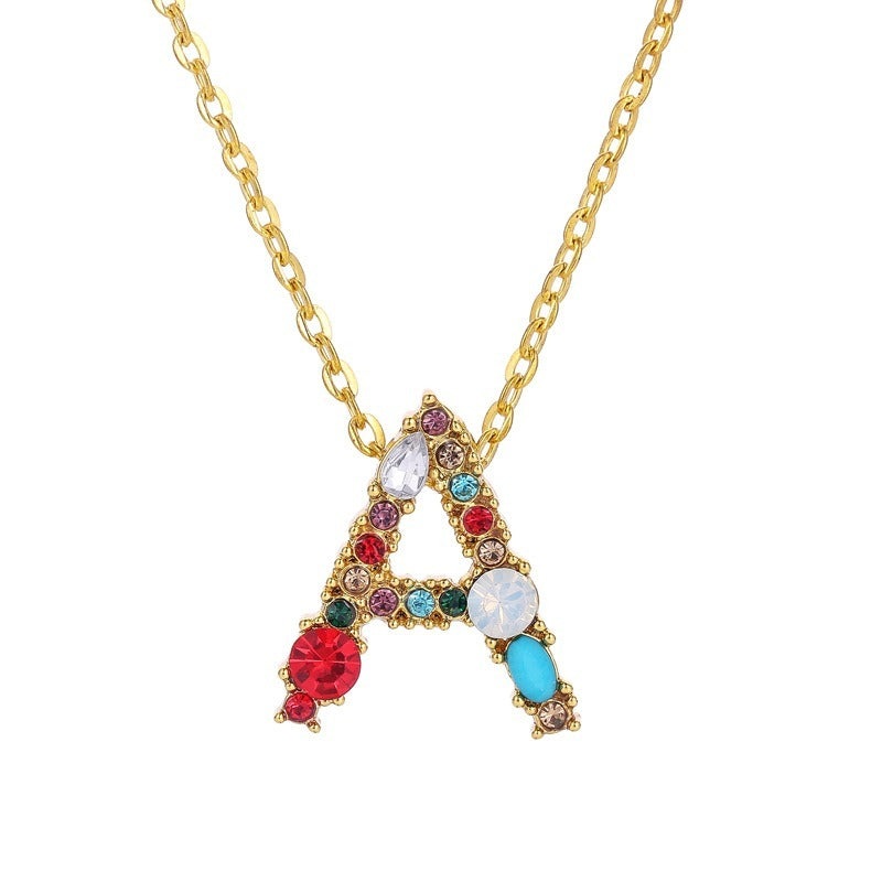 26 Letters alphabet necklace personality simple inlaid color diamond zircon pendant