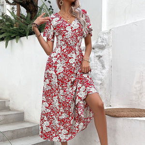 Summer New European and American Fashion Women's Red Print Temperament Dress