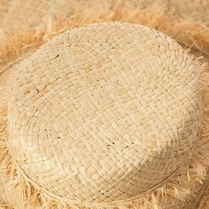 Grass woven tassel decoration, hand woven large eave flat top Lafite straw hat, sun protection, sun shading, beach fur brim straw hat